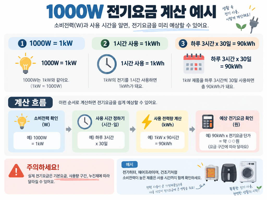 1000W 전기제품을 하루 3시간 사용했을 때 전력량과 전기요금을 계산하는 방법