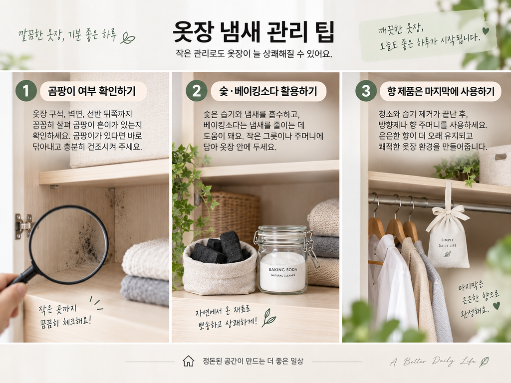 옷장 곰팡이 확인과 숯·베이킹소다, 방향제를 활용한 냄새 관리 방법
