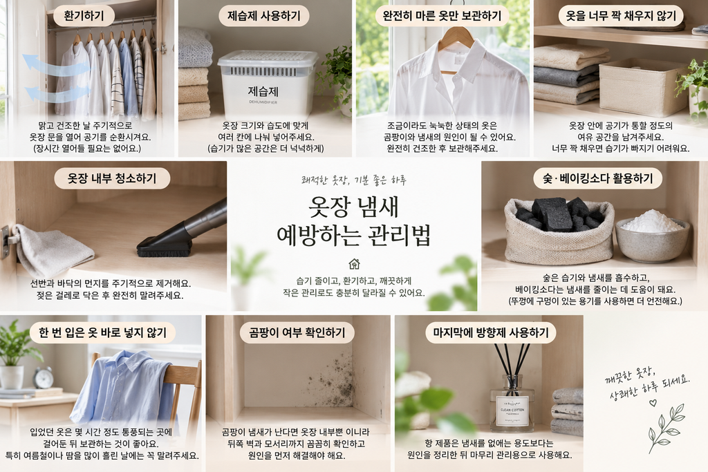 옷장 냄새 예방을 위한 환기, 제습제, 청소, 곰팡이 확인과 방향제 사용 방법