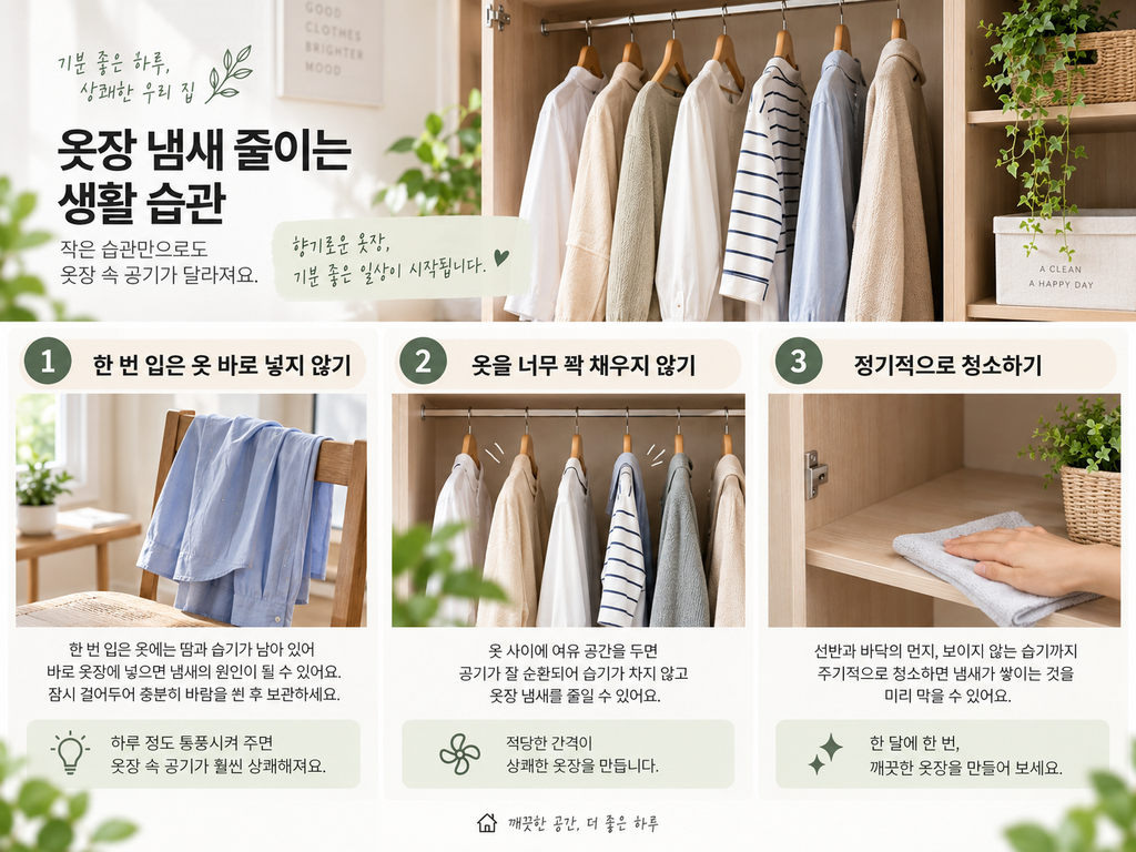 한 번 입은 옷을 바로 넣지 않고 옷장에 여유 공간을 두며 정기적으로 청소하는 모습